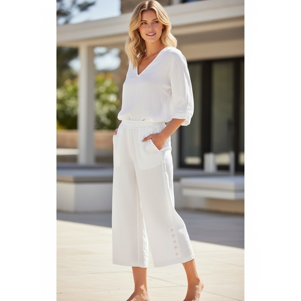 Soft Surroundings Wide Leg Crop Pants Womens XL White Button Hem Pocket Travel